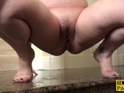 Pissing uk slut squats and wets the floor