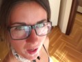 My step brother cum on my face and glasses.