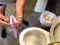 Having a blast taking a leak with the go girl penis!