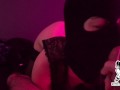 Whore Slutwife, Kitty Cum Face cums hard then takes thick load on her mask.