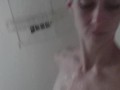 Skinny and pale anorexic wife sucking my cock in the shower after workout