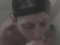 Skinny and pale anorexic wife sucking my cock in the shower after workout