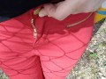Pee on my new red jeans outdoor