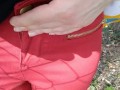 Pee on my new red jeans outdoor