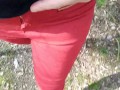 Pee on my new red jeans outdoor