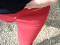 Pee on my new red jeans outdoor