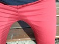 Pee on my new red jeans outdoor