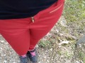 Pee on my new red jeans outdoor