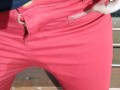 Pee on my new red jeans outdoor