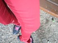 Pee on my new red jeans outdoor