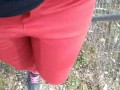 Pee on my new red jeans outdoor
