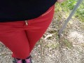 Pee on my new red jeans outdoor
