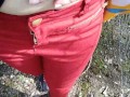 Pee on my new red jeans outdoor