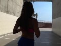 Asian tourist skates around beach flashing then orgasms on public stairs!!