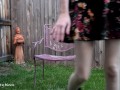 Redhead creamy upskirt masturbation in backyard wearing boots and stockings