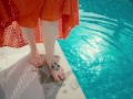 Ginger Girl in Long Red Dress Gets Hairy Pussy Creampie in Swimming Pool