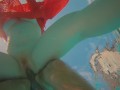Ginger Girl in Long Red Dress Gets Hairy Pussy Creampie in Swimming Pool
