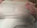 Blonde with big boobs in wet shirt with ice play
