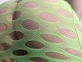 Carlycurvy striptease in neon green fishnet dress