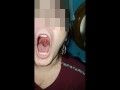 Girl huge mouth and long tongue spit