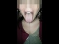 Girl huge mouth and long tongue spit