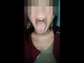 Girl huge mouth and long tongue spit