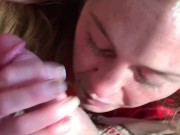 Hotwife sucks cock, licks balls, takes cum in mouth, then licks clean