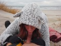 Ginger Redhead Amateur Public Cold Winter Beach Blowjob CIM & Cum Swallow