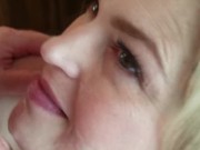 Hotwife blonde blowjob with facial and cum on tits