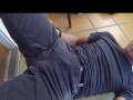 Pissing grey jeans in a huge flood outdoors