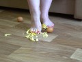 Fat legs bare feet mercilessly trampled banana and raw eggs. Crush Fetish.