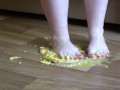 Fat legs bare feet mercilessly trampled banana and raw eggs. Crush Fetish.