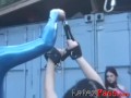 Latex Mistress Aradia restrains young dykes before toying