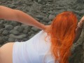 Risky Ginger Redhead Standing Fuck Creampie in Public by the Ocean Beach