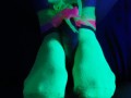 Glow in the dark blowjob and sockjob with hands and feet tied up