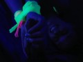 Glow in the dark blowjob and sockjob with hands and feet tied up