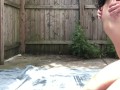 College freshman stripping outside in the hot weather
