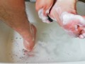 Washing the tools now with pink shampoo and heart sponge
