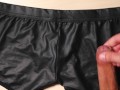 Jerk and Cum on girlfriend black leather sexy panties