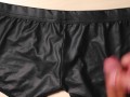 Jerk and Cum on girlfriend black leather sexy panties