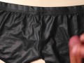 Jerk and Cum on girlfriend black leather sexy panties