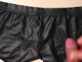 Jerk and Cum on girlfriend black leather sexy panties