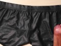 Jerk and Cum on girlfriend black leather sexy panties