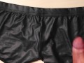 Jerk and Cum on girlfriend black leather sexy panties