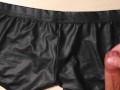 Jerk and Cum on girlfriend black leather sexy panties