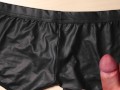 Jerk and Cum on girlfriend black leather sexy panties