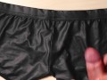 Jerk and Cum on girlfriend black leather sexy panties