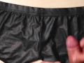 Jerk and Cum on girlfriend black leather sexy panties