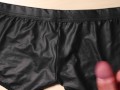 Jerk and Cum on girlfriend black leather sexy panties