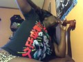 Ebony nerd slurping and riding 9inch dildo